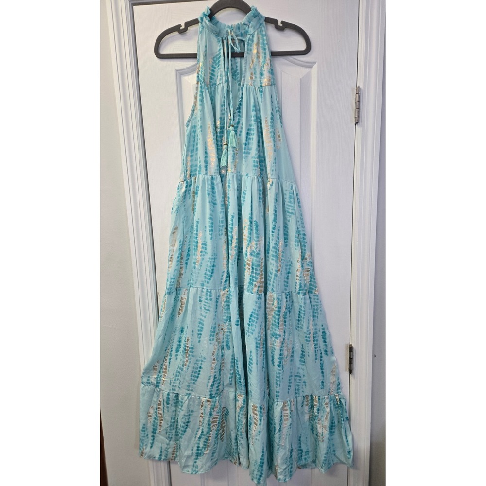 Paani Turquoise Gold Foil Tie Dye Halter Tiered Maxi Dress Small Boho Tassel